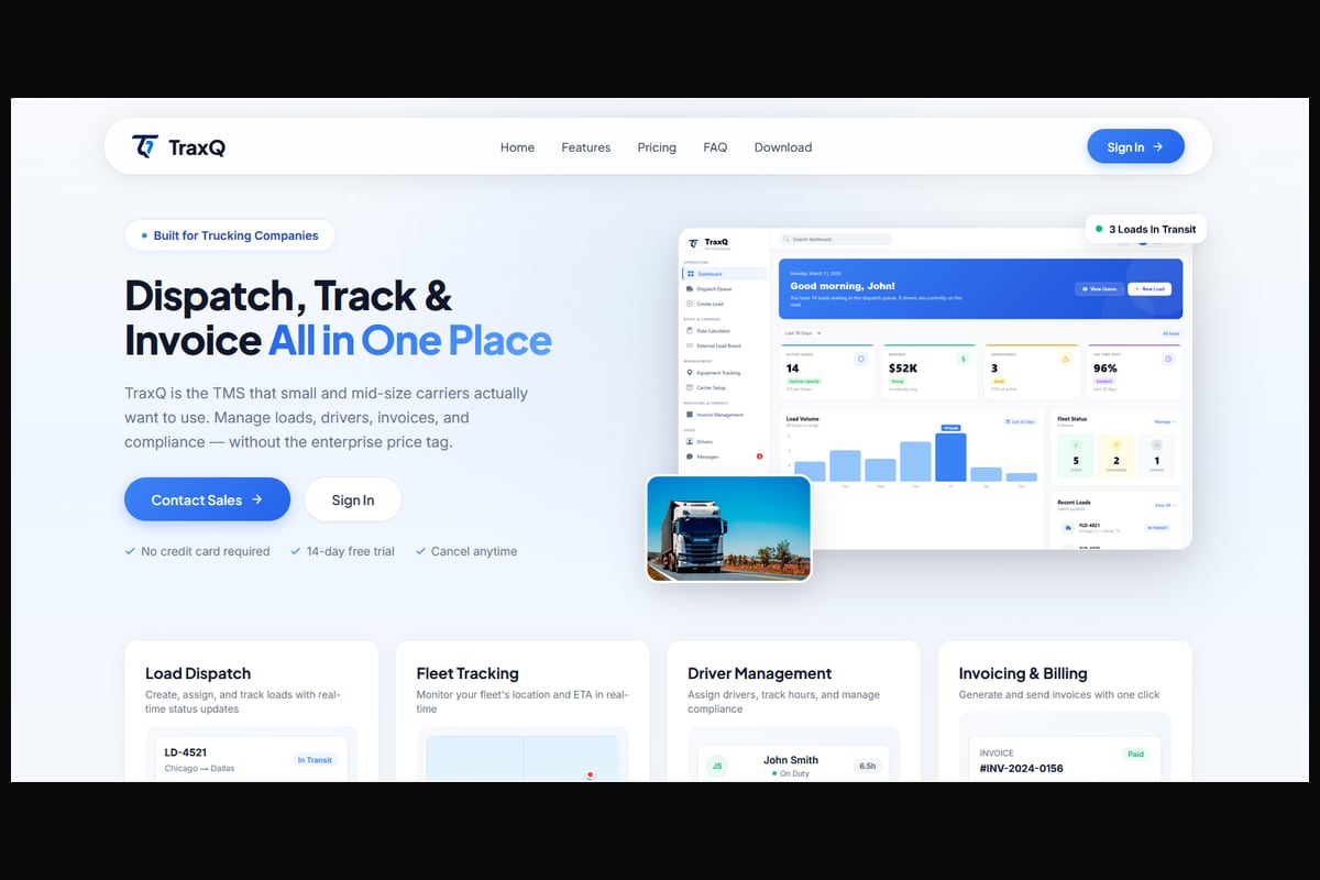 TraxQ landing page screenshot
